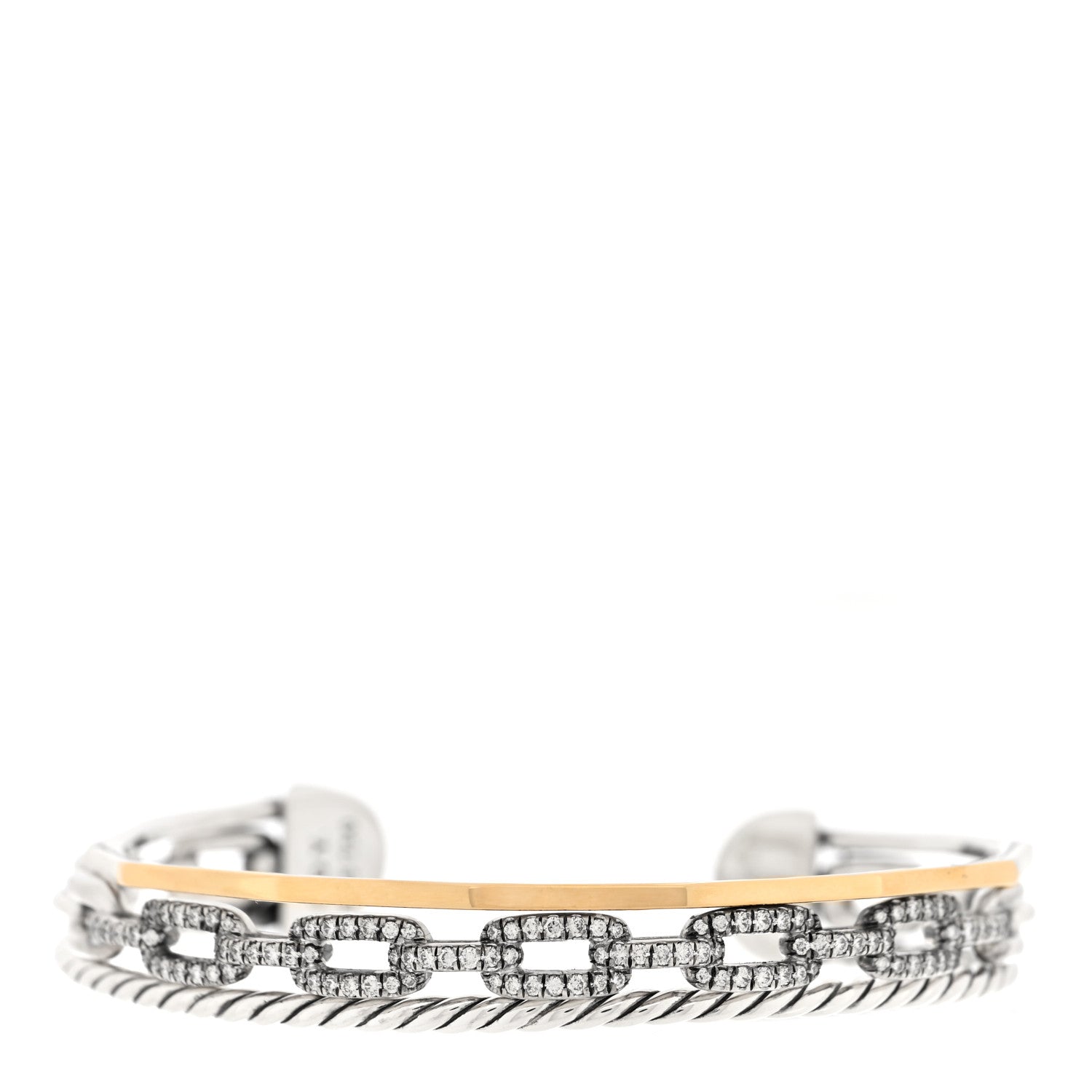 David Yurman 18K Yellow Gold Sterling Silver Diamond 3 Row Chain Link Stax Cuff Bracelet 1 of 3