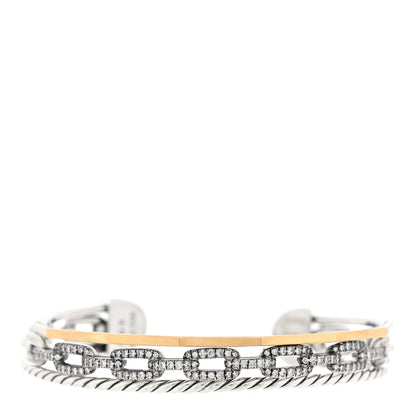 David Yurman 18K Yellow Gold Sterling Silver Diamond 3 Row Chain Link Stax Cuff Bracelet 1 of 3