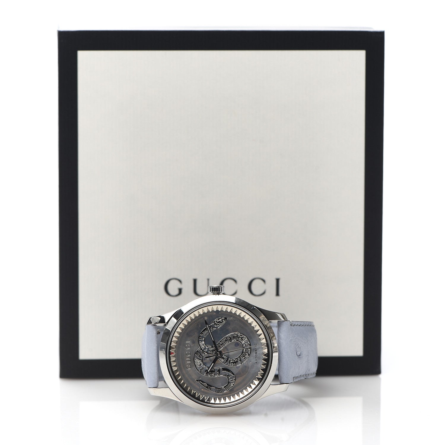 Gucci Stainless Steel Ostrich Blue Mother of Pearl 38mm G-Timeless Snake Automatic Watch 14 of 14