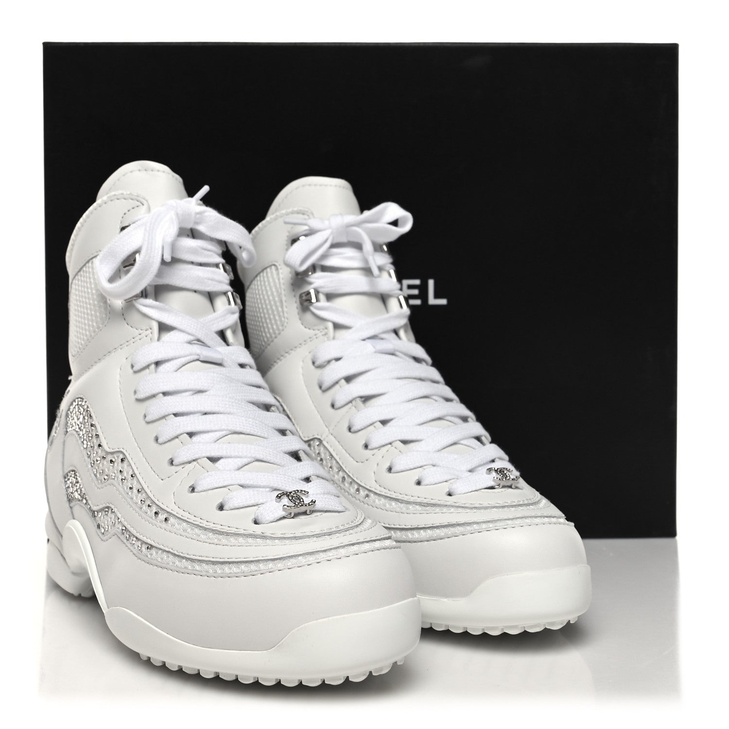 Chanel Calfskin Mesh Strass Womens CC Sneakers 39 White Silver 8 of 8