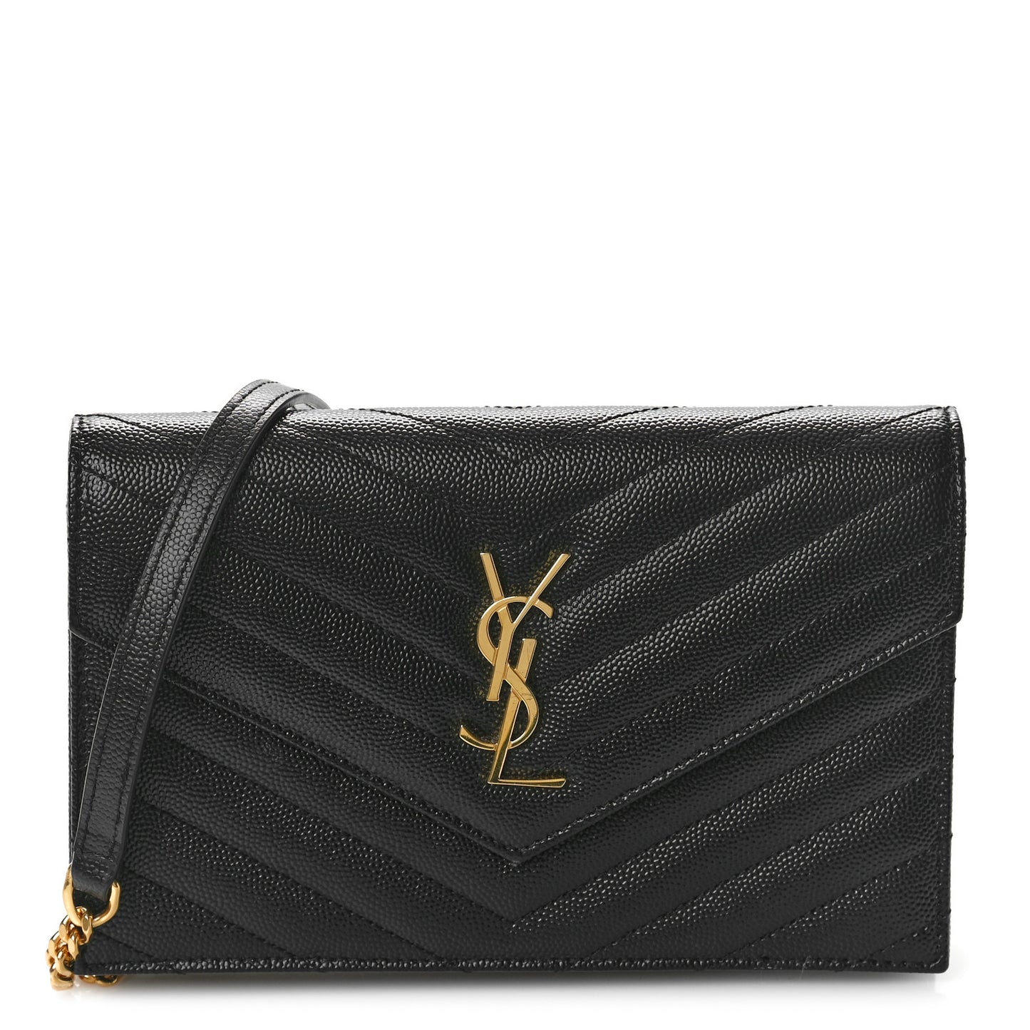 Grain De Poudre Matelasse Chevron Monogram Envelope Chain Wallet Black