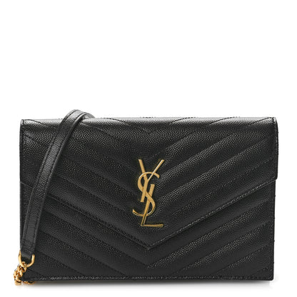 Saint Laurent Grain De Poudre Matelasse Chevron Monogram Envelope Chain Wallet Black 1 of 9