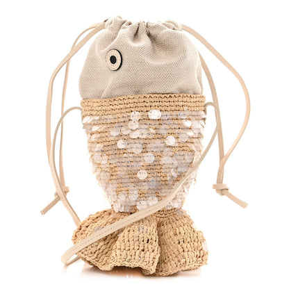 Loewe Raffia Canvas Sequin Paula's Ibiza Fish Pouch Natural Ivory 1 of 13