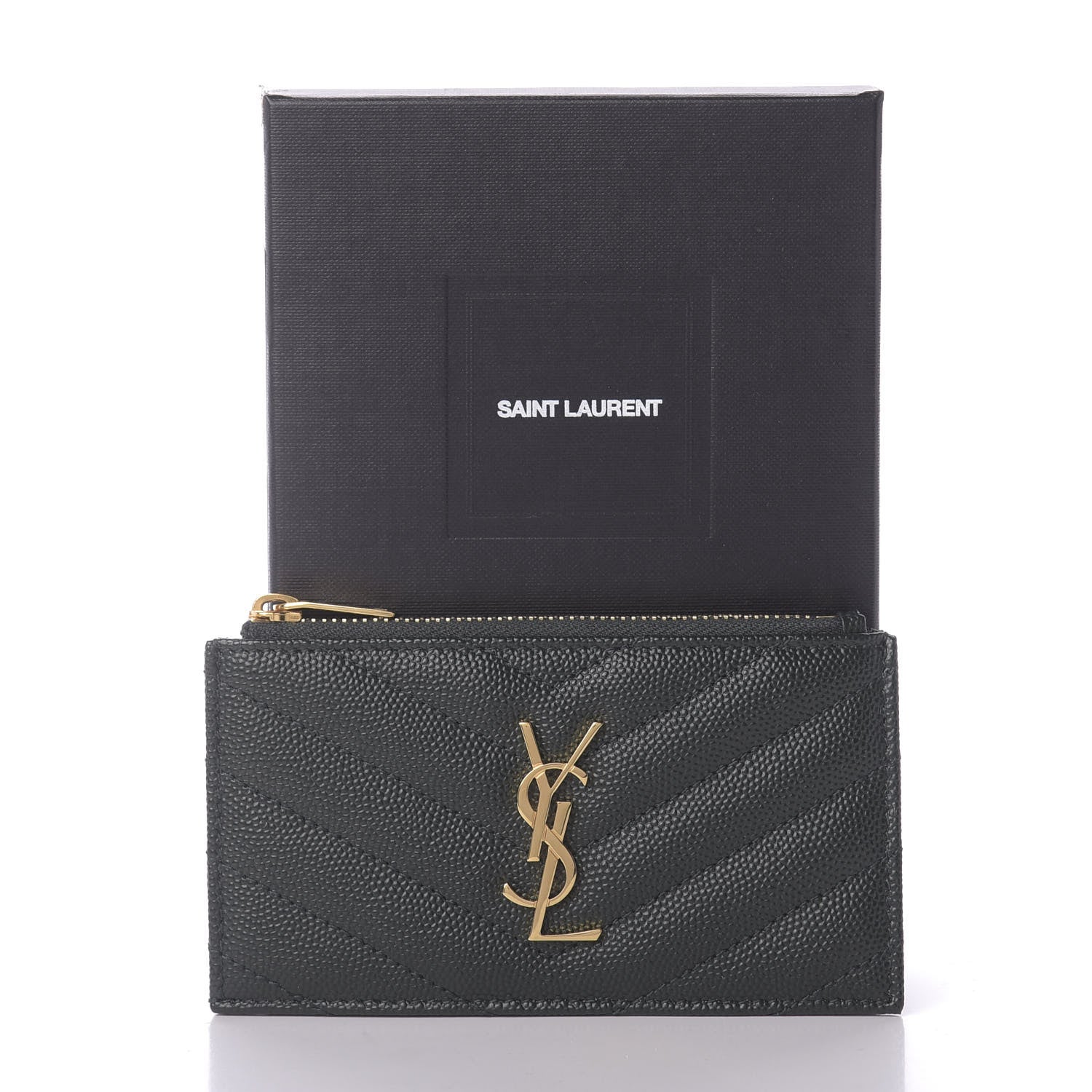 Saint Laurent Grain De Poudre Matelasse Chevron Monogram Fragments Zippered Card Case Dark Mint 8 of 8