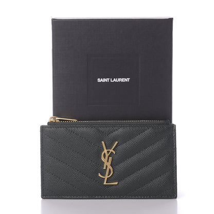 Saint Laurent Grain De Poudre Matelasse Chevron Monogram Fragments Zippered Card Case Dark Mint 8 of 8