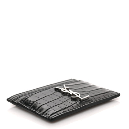 Saint Laurent Calfskin Crocodile Embossed Monogram Credit Card Case Black 4 of 6