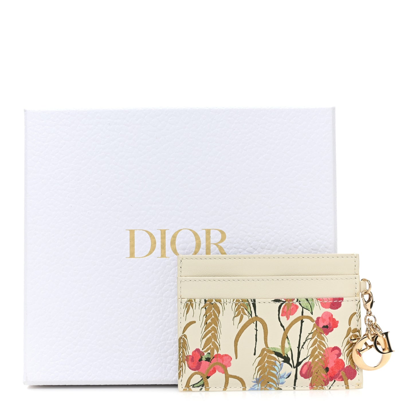 Calfskin Hibiscus Printed Card Holder Beige Multicolor