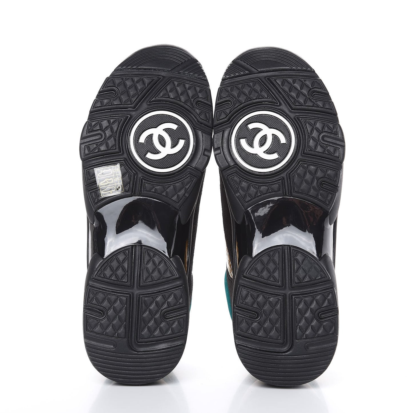 Fabric Calfskin Suede CC Womens Sneakers 38.5 Black Turquoise Gold