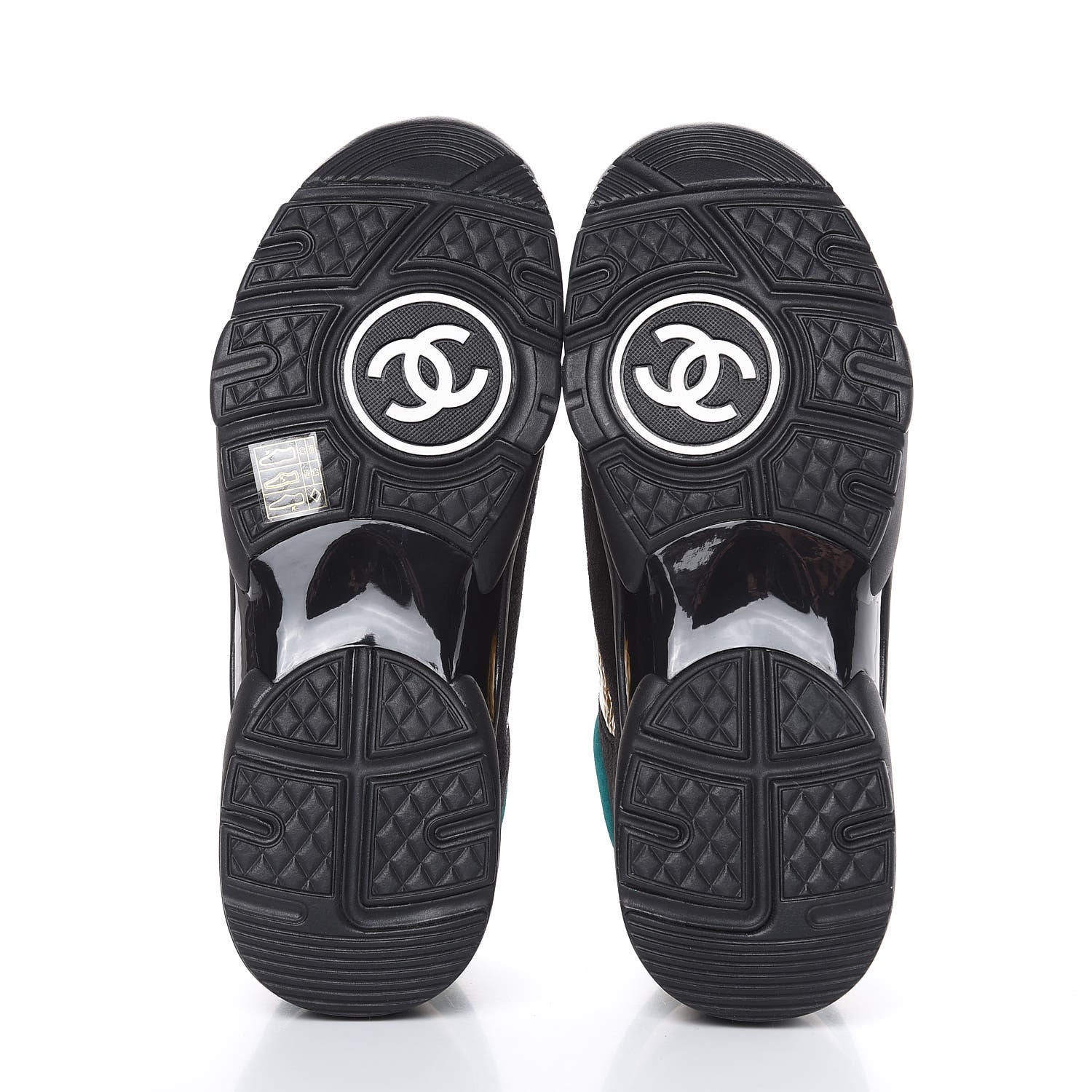 Chanel Fabric Calfskin Suede CC Womens Sneakers 38.5 Black Turquoise Gold 5 of 7