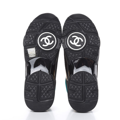 Chanel Fabric Calfskin Suede CC Womens Sneakers 38.5 Black Turquoise Gold 5 of 7