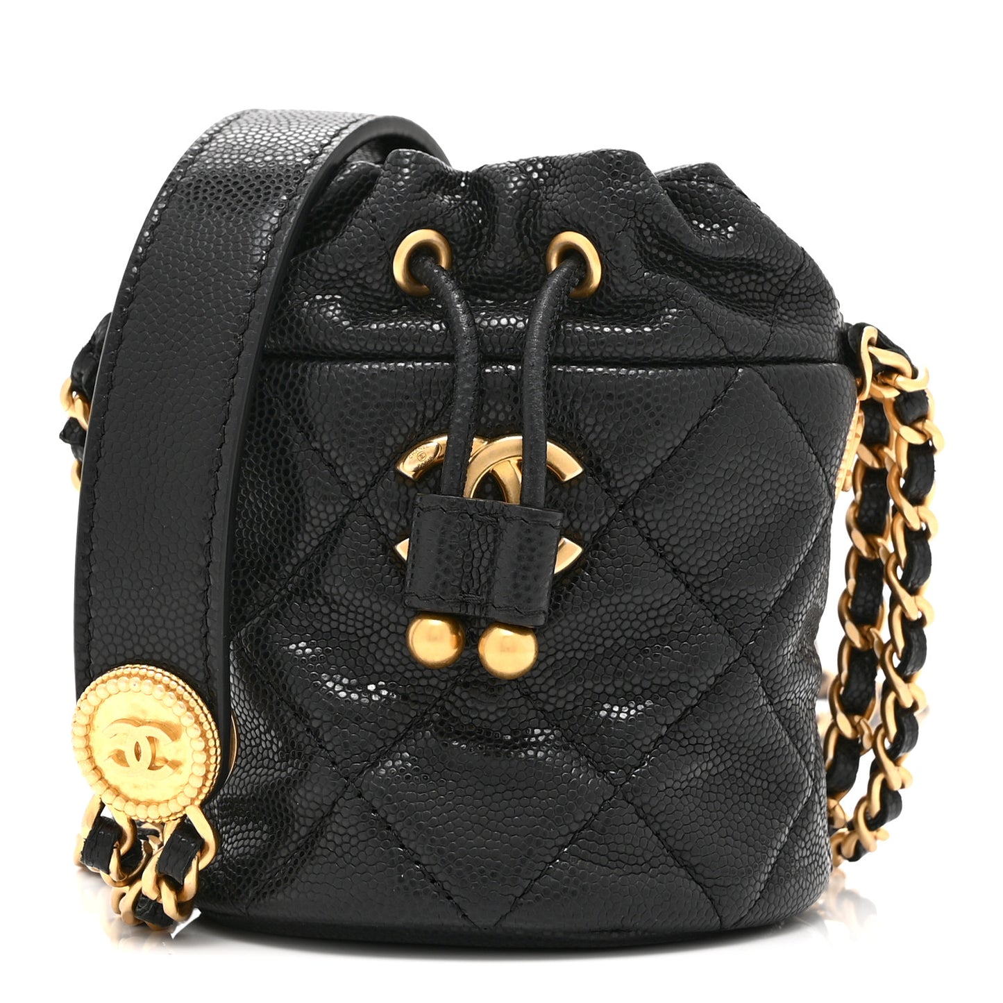 Caviar Quilted Twist Your Buttons Mini Bucket Bag Black