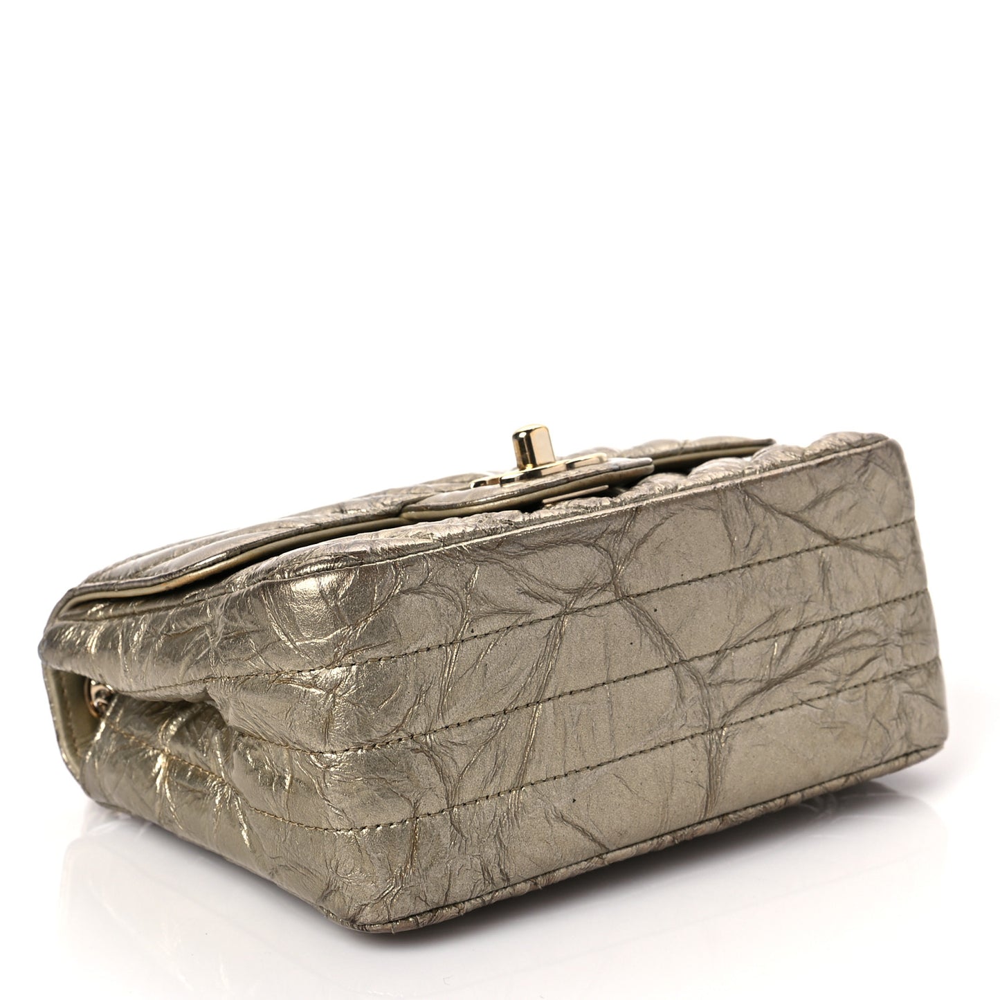 Patent Metallic Crumpled Calfskin Chevron Quilted Mini Square Flap Gold