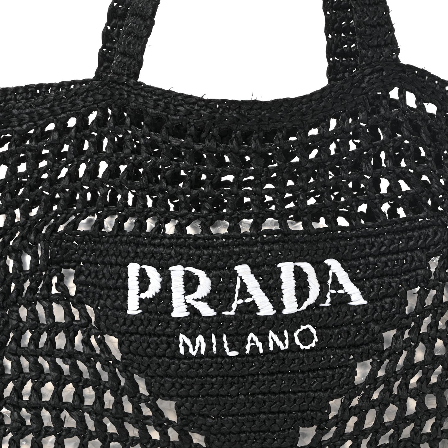 Yarn Raffia Effect Crochet Logo Embroidered Tote Bag Black