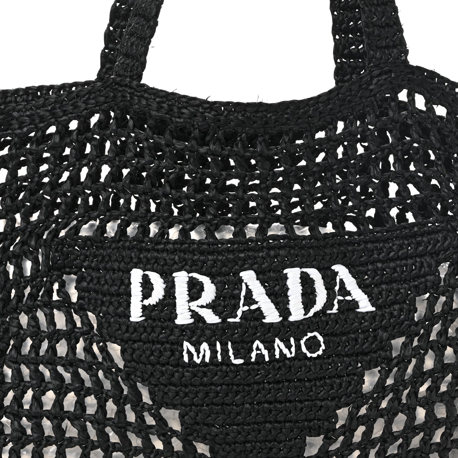 Prada Yarn Raffia Effect Crochet Logo Embroidered Tote Bag Black 7 of 9