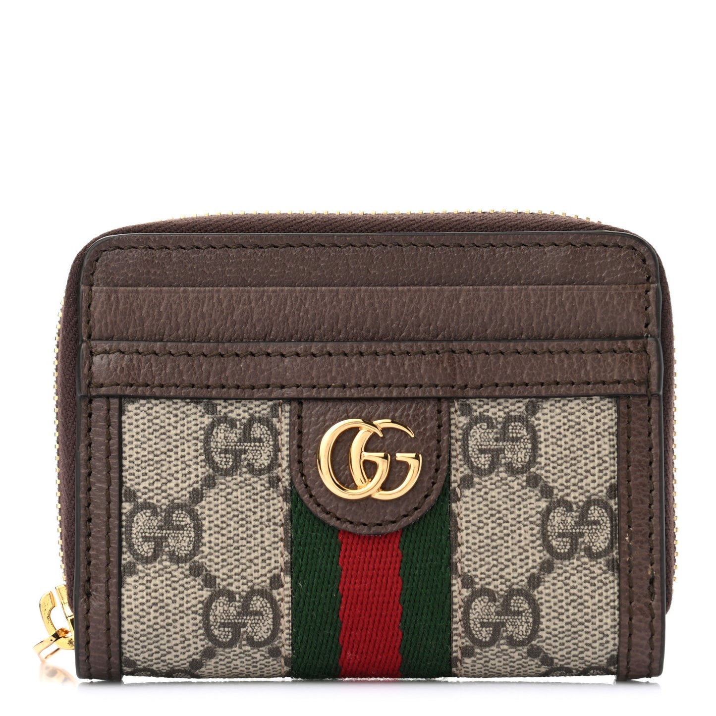 GG Supreme Monogram Textured Dollar Calfskin Web Ophidia Zip Around Card Case Wallet Beige Ebony New Acero