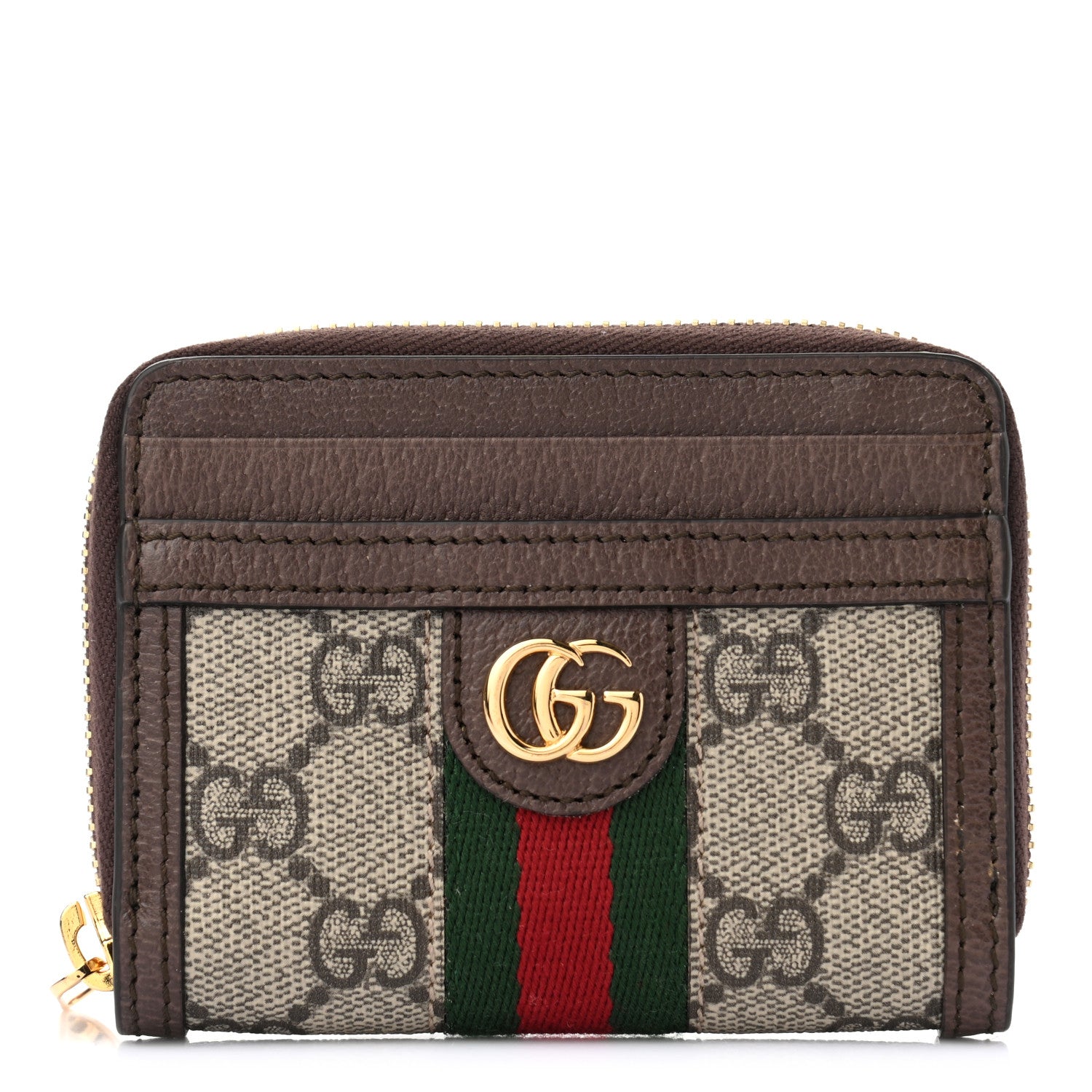 Gucci GG Supreme Monogram Textured Dollar Calfskin Web Ophidia Zip Around Card Case Wallet Beige Ebony New Acero 1 of 7