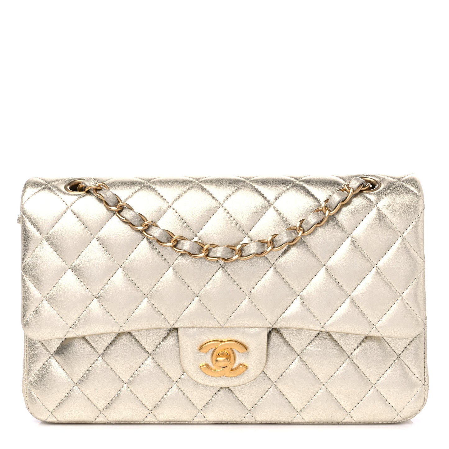 Metallic Lambskin Quilted Medium Double Flap Gold