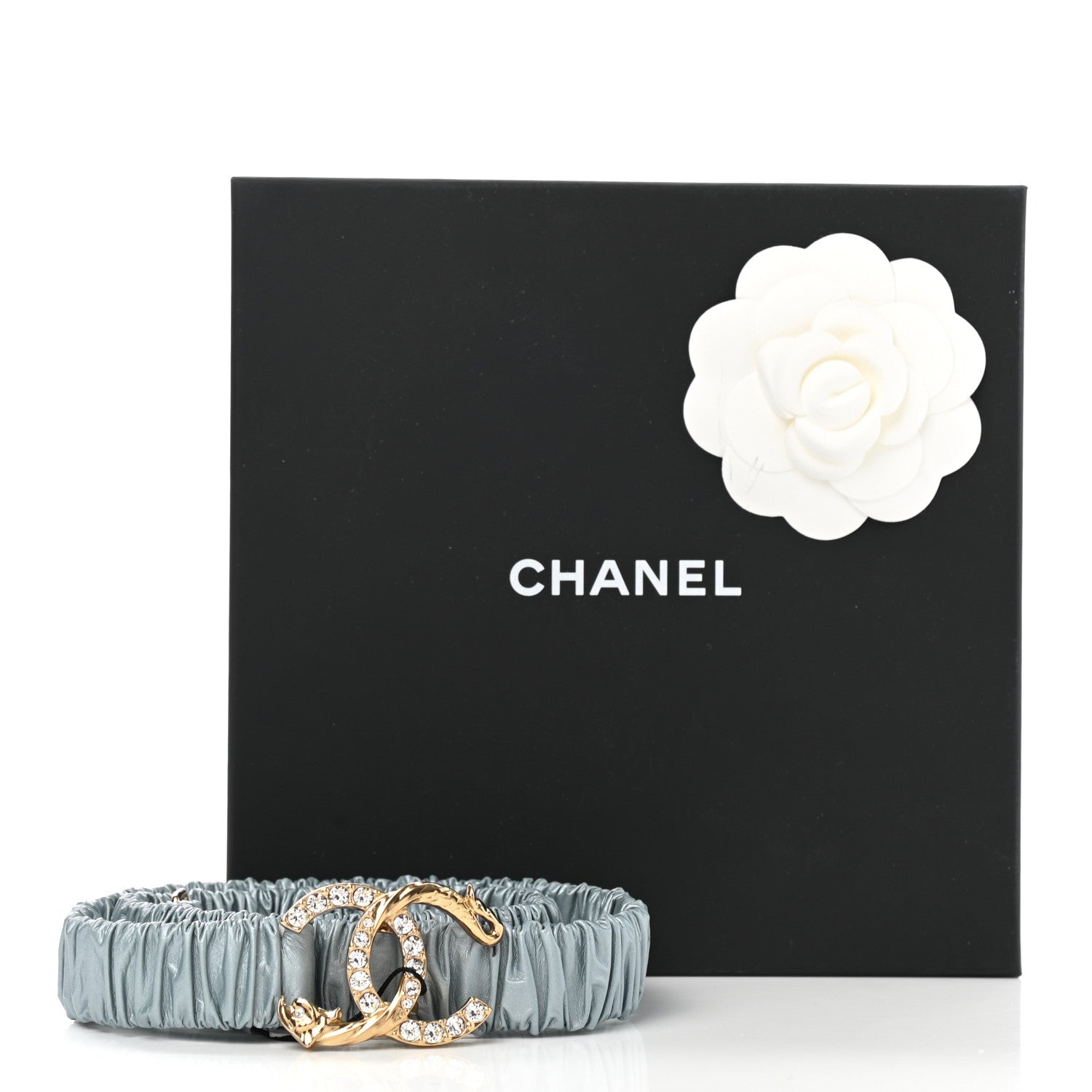 Chanel Calfskin Strass Ruched CC Belt 75 30 Light Blue 5 of 5