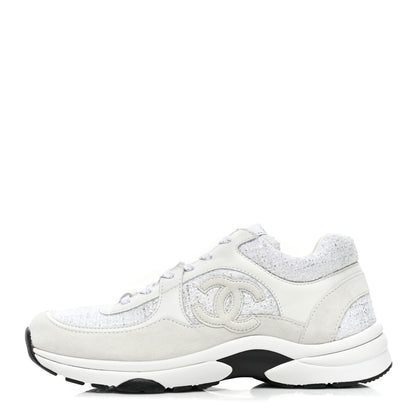 Chanel Painted Iridescent Cotton Tweed Suede Womens CC Sneakers 39 White Silver Multicolor 1 of 9