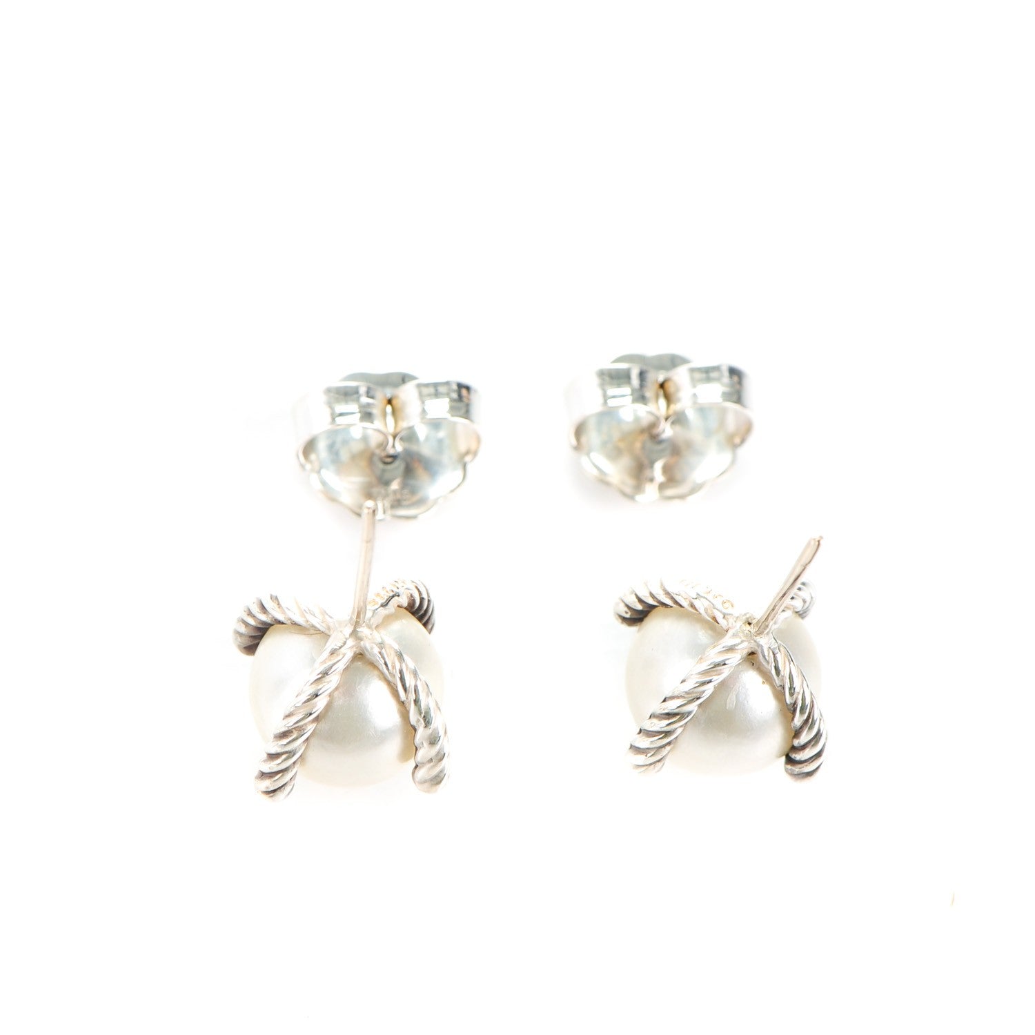 David Yurman Sterling Silver Diamond Pearl 10mm Cable Stud Earrings 3 of 4