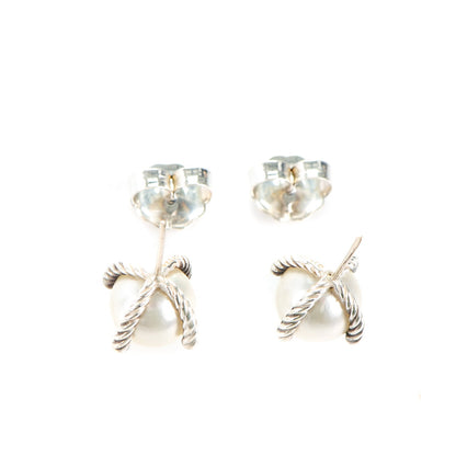 David Yurman Sterling Silver Diamond Pearl 10mm Cable Stud Earrings 3 of 4