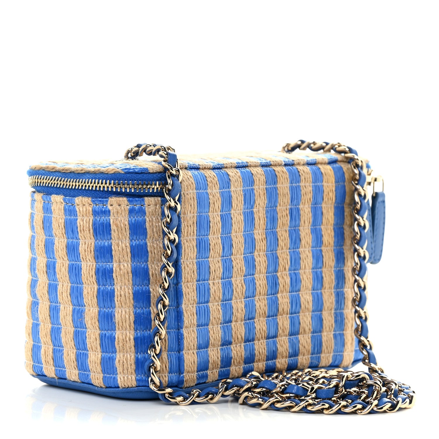 Chanel Raffia Jute Striped Small Vanity Case With Chain Blue Beige 3 of 14