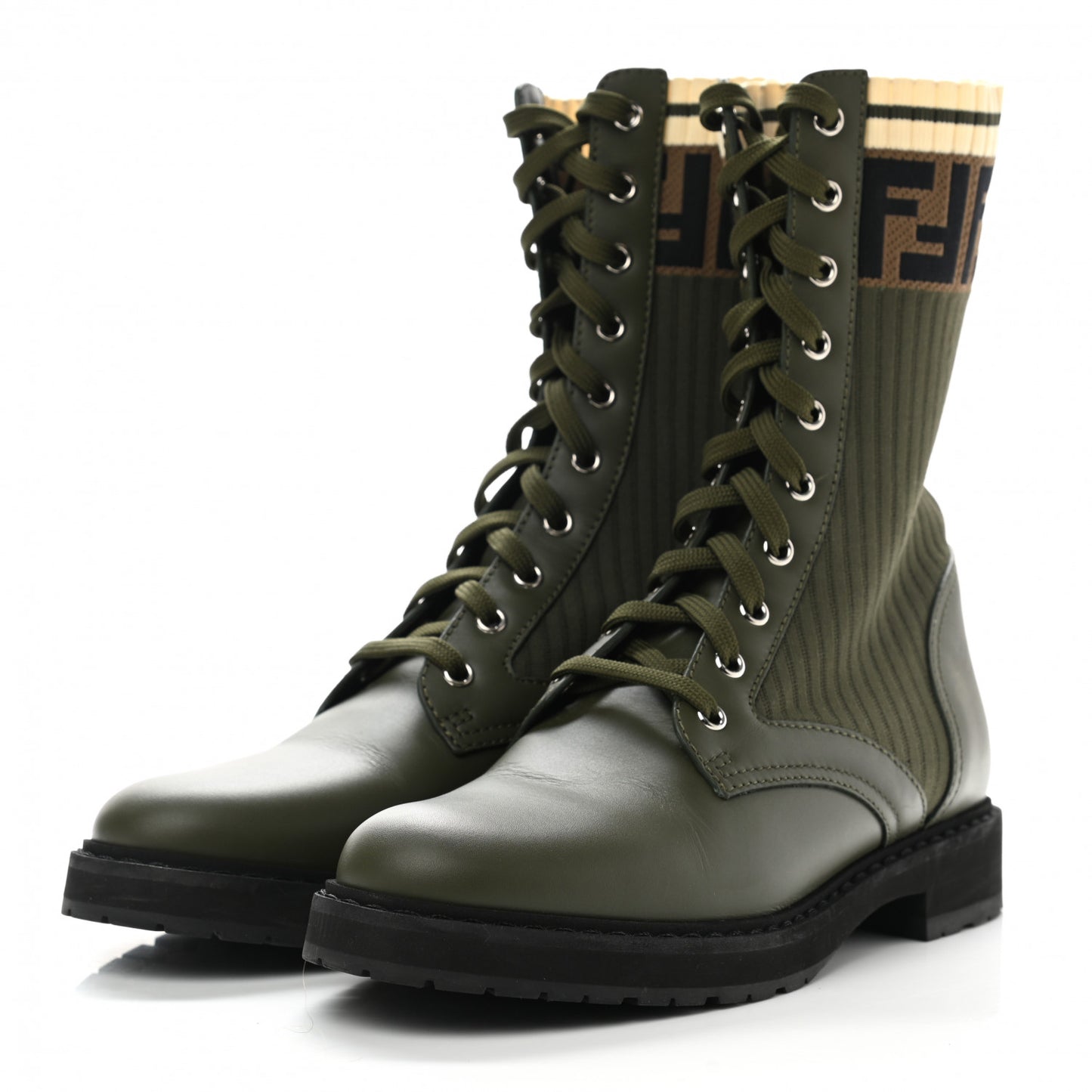 Vitello Stretch Fabric FF Rockoko Biker Boots 39 Military Oliva Tobacco Black