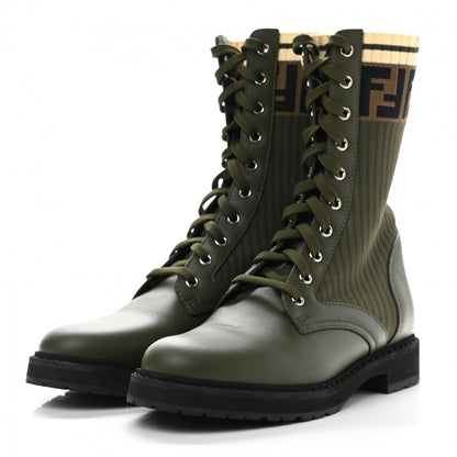 Fendi Vitello Stretch Fabric FF Rockoko Biker Boots 39 Military Oliva Tobacco Black 3 of 8