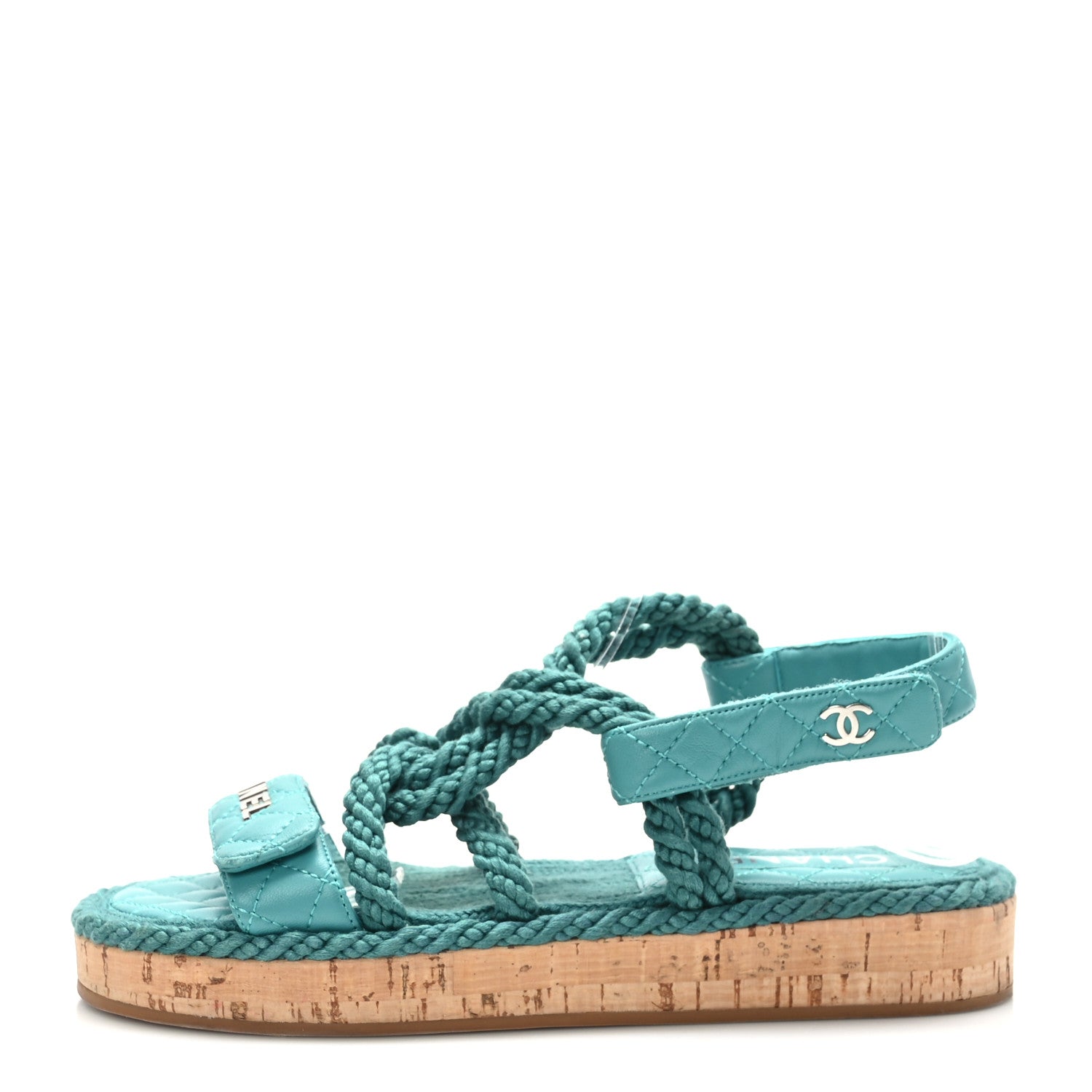 Chanel Cord Lambskin Quilted Logo Sandals 38 Teal Blue 1 of 7