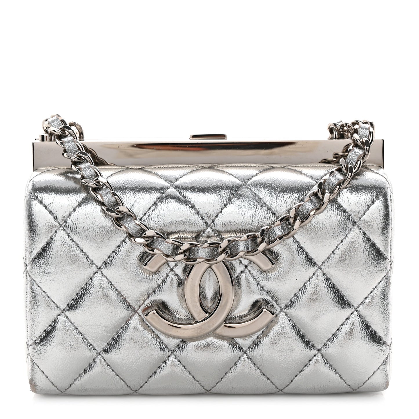 Metallic Calfskin Quilted Box Crossbody Silver