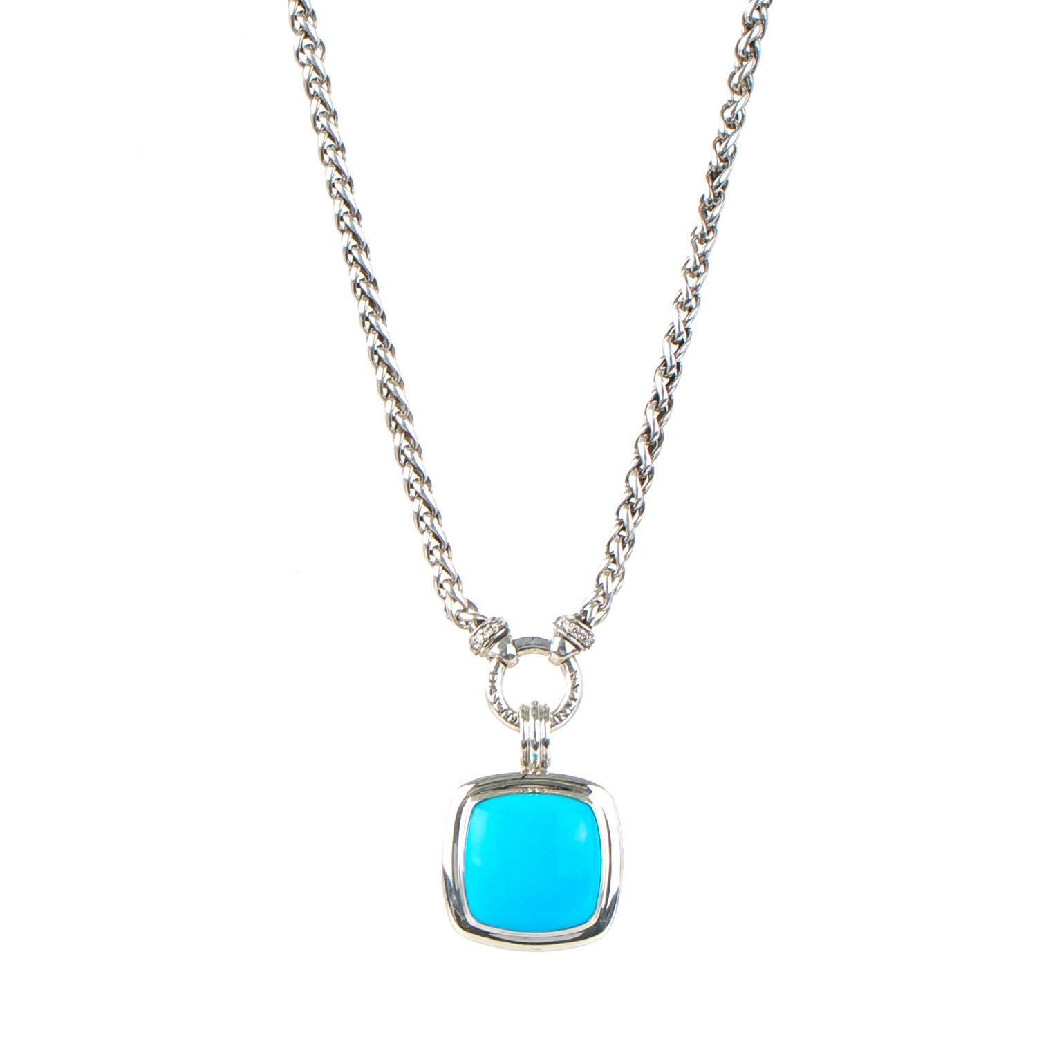 David Yurman Sterling Silver Turquoise Diamond 20mm Albion Single Wheat Chain Necklace 1 of 7