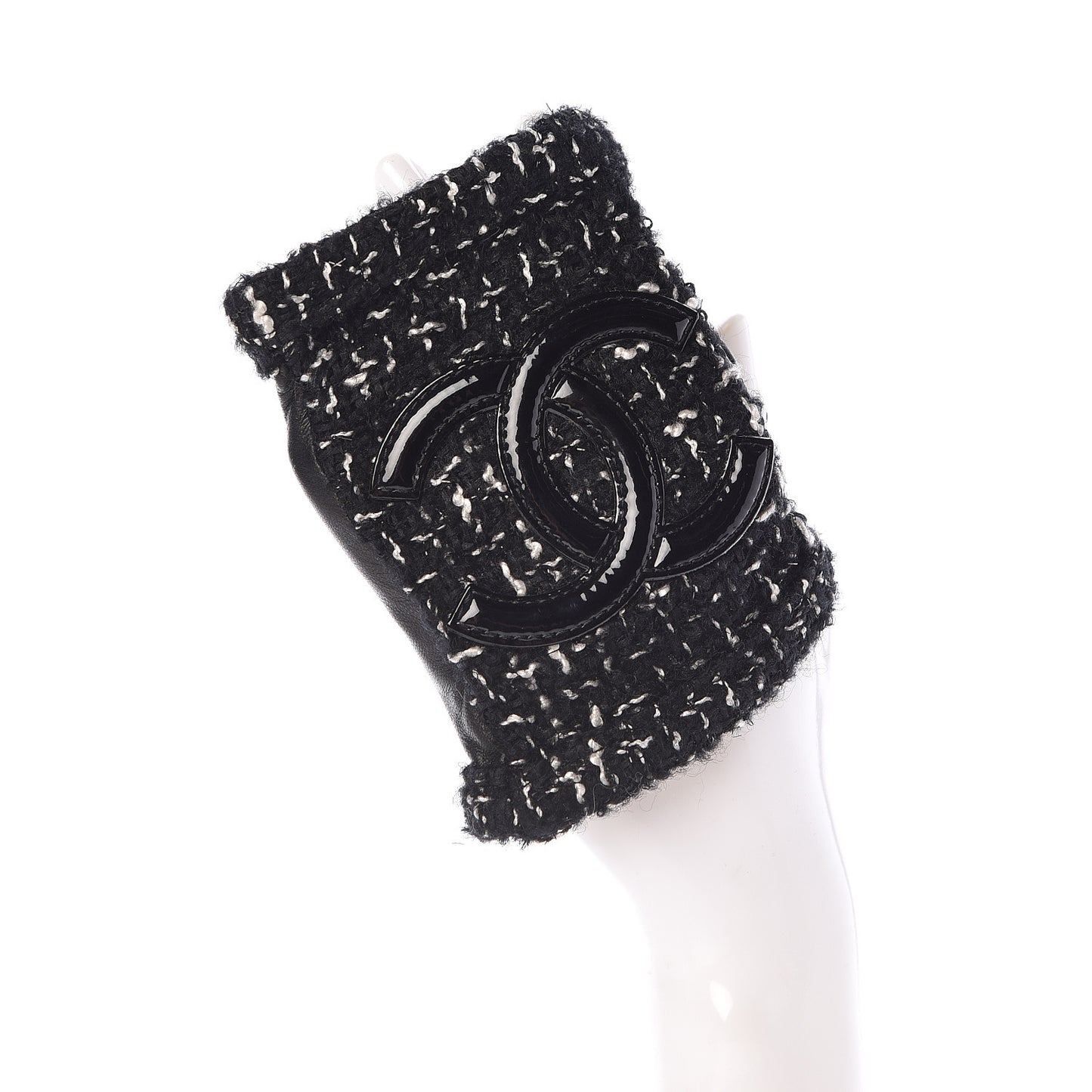 Lambskin Fantasy Tweed Patent CC Fingerless Gloves 7 Black White