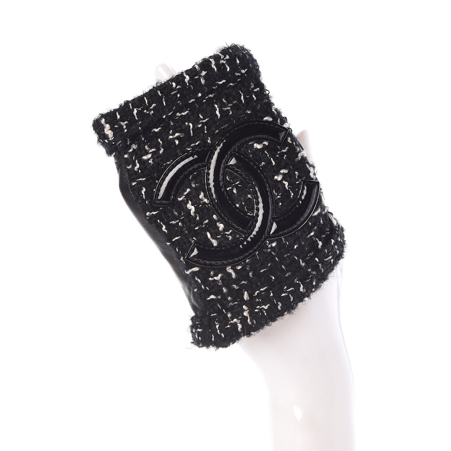 Chanel Lambskin Fantasy Tweed Patent CC Fingerless Gloves 7 Black White 2 of 4