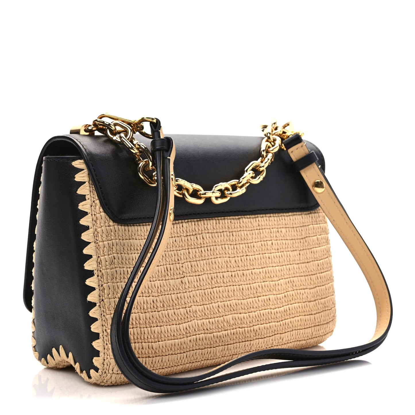 Calfskin Raffia Twist Shoulder Bag MM Black