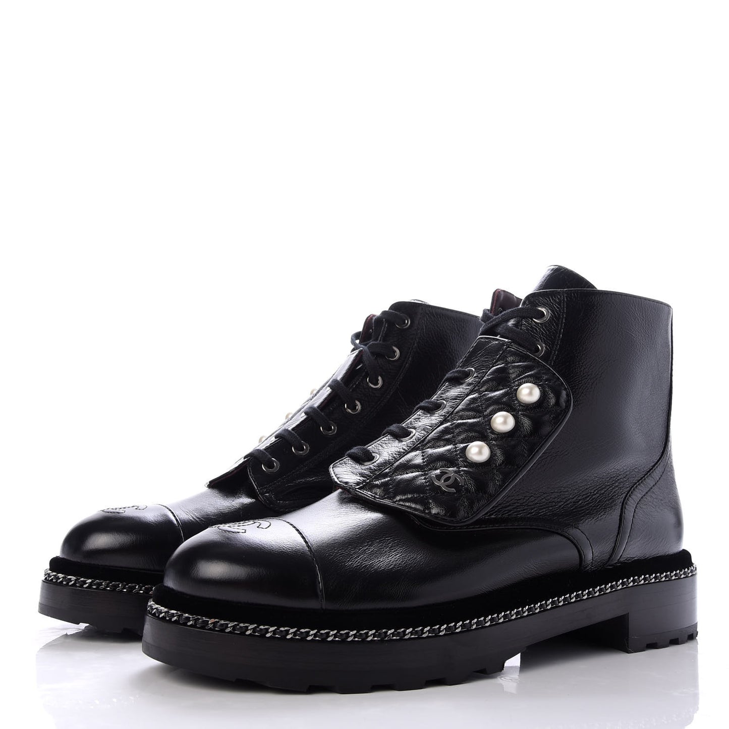 Crackled Calfskin Velvet Pearl Combat Short Boots 42 Black