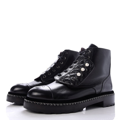 Chanel Crackled Calfskin Velvet Pearl Combat Short Boots 42 Black 3 of 10