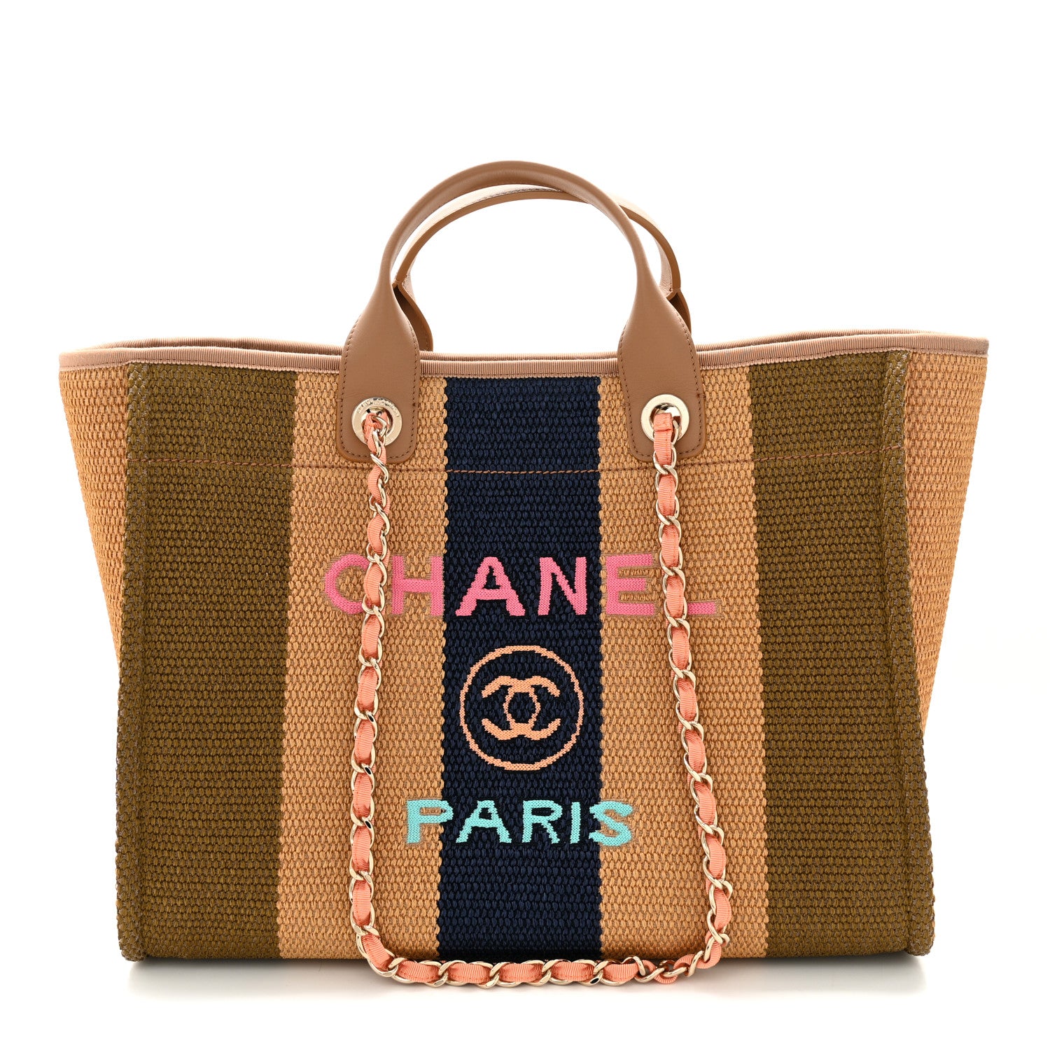 Chanel Straw Raffia Calfskin Striped Medium Deauville Tote Khaki Beige Navy Blue 1 of 11