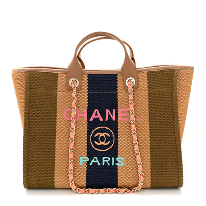 Chanel Straw Raffia Calfskin Striped Medium Deauville Tote Khaki Beige Navy Blue 1 of 11