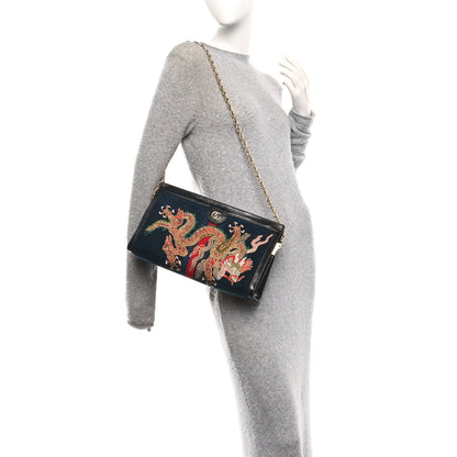 Gucci Suede Patent Web Dragon Embroidered Medium Ophidia Chain Shoulder Bag Blue Multicolor Black 2 of 11
