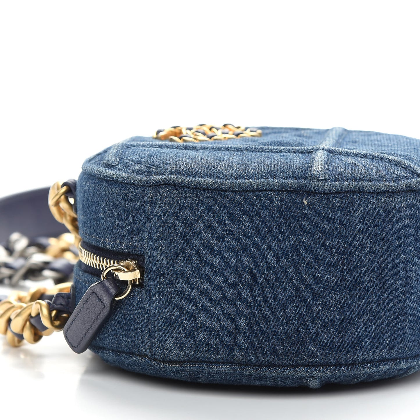 Denim Quilted Chanel 19 Round Clutch With Chain Blue