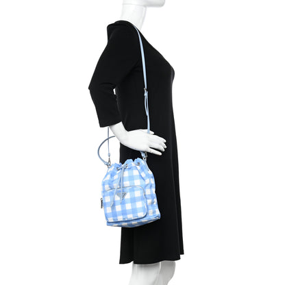 Prada Re-Nylon Saffiano Gingham Print Duet Bucket Crossbody Bag Light Blue 2 of 9