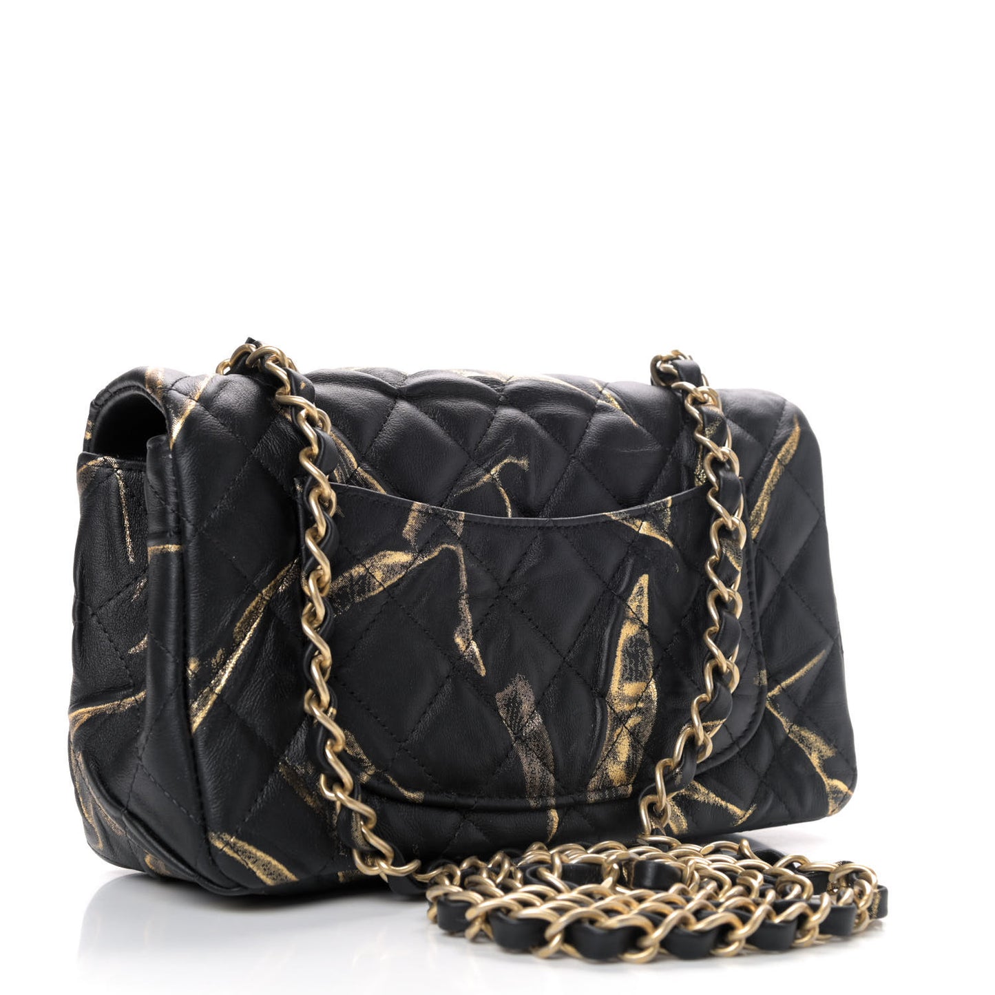 Crumpled Calfskin Printed Quilted Mini Rectangular Flap Black Gold