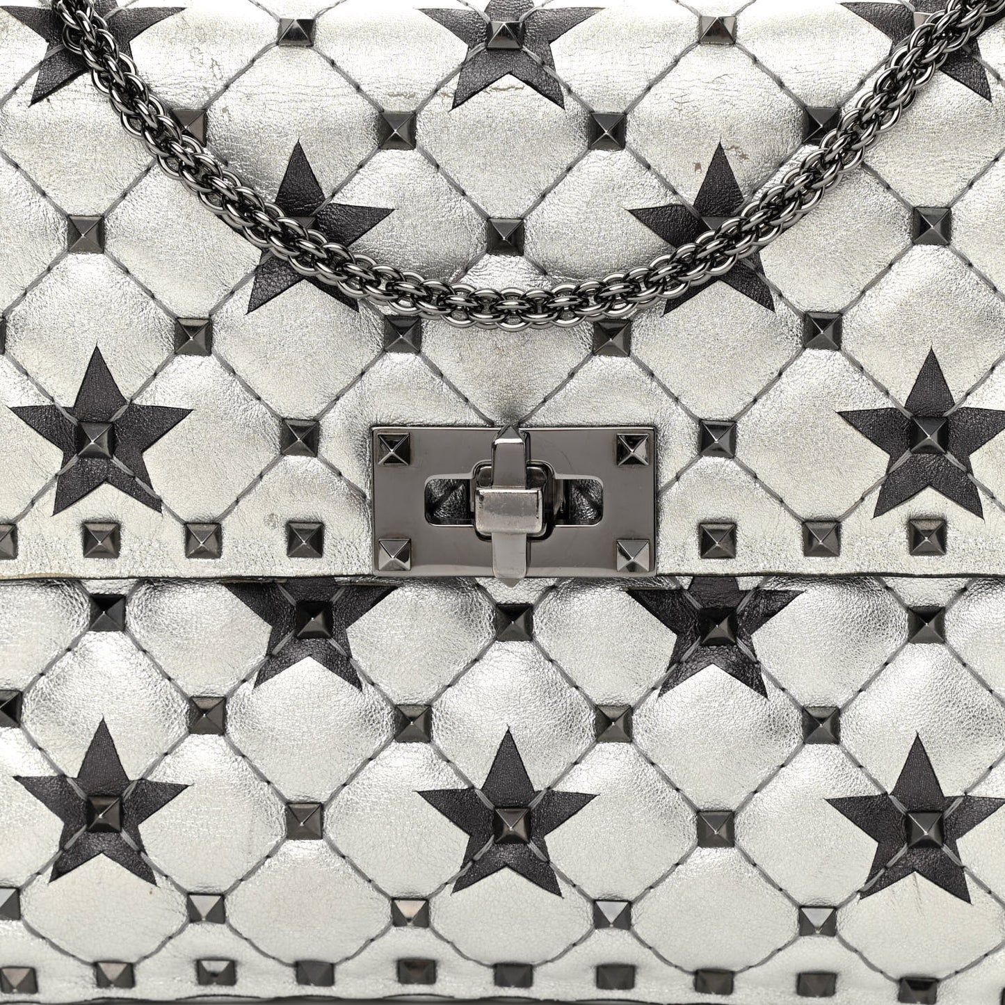 Metallic Lambskin Medium Star Rockstud Spike Shoulder Bag Silver