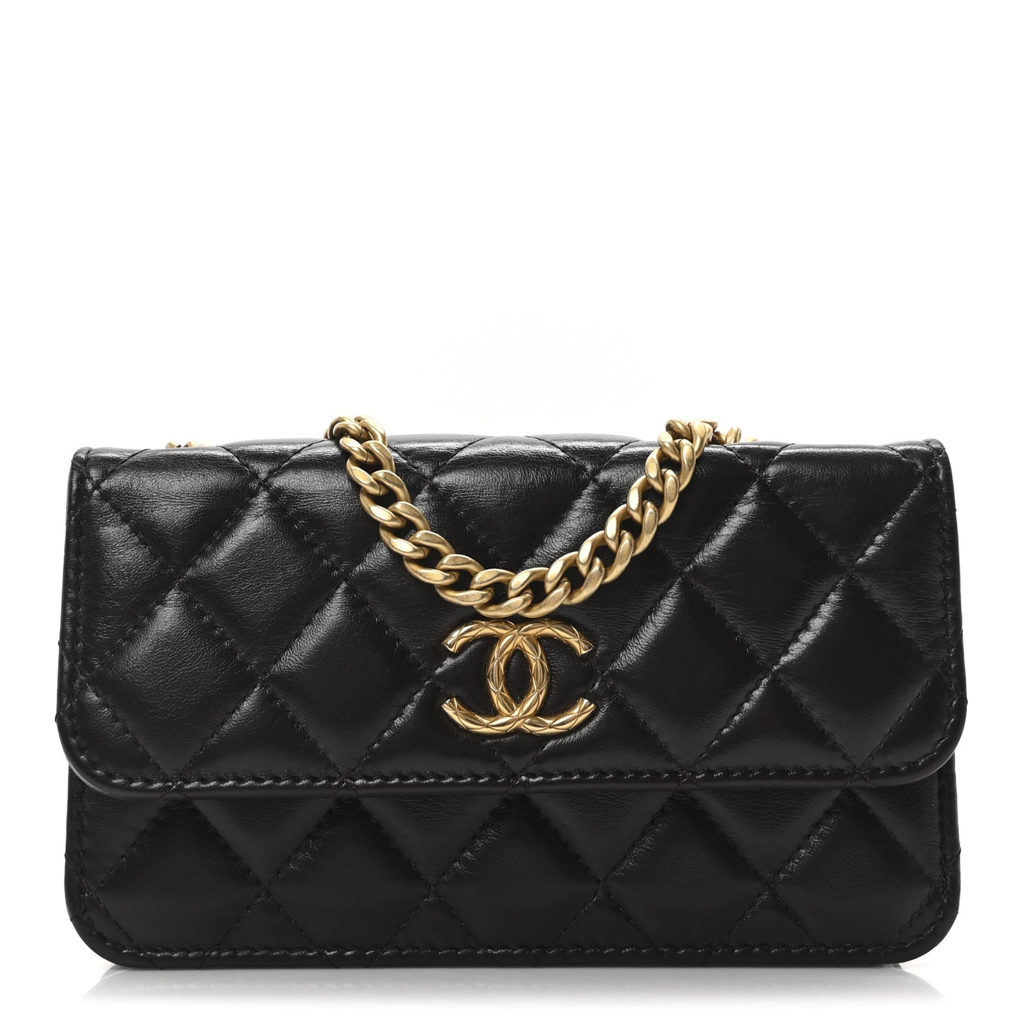 Lambskin Quilted Pillow Crush Flap Phone Holder With Chain Dark Brown