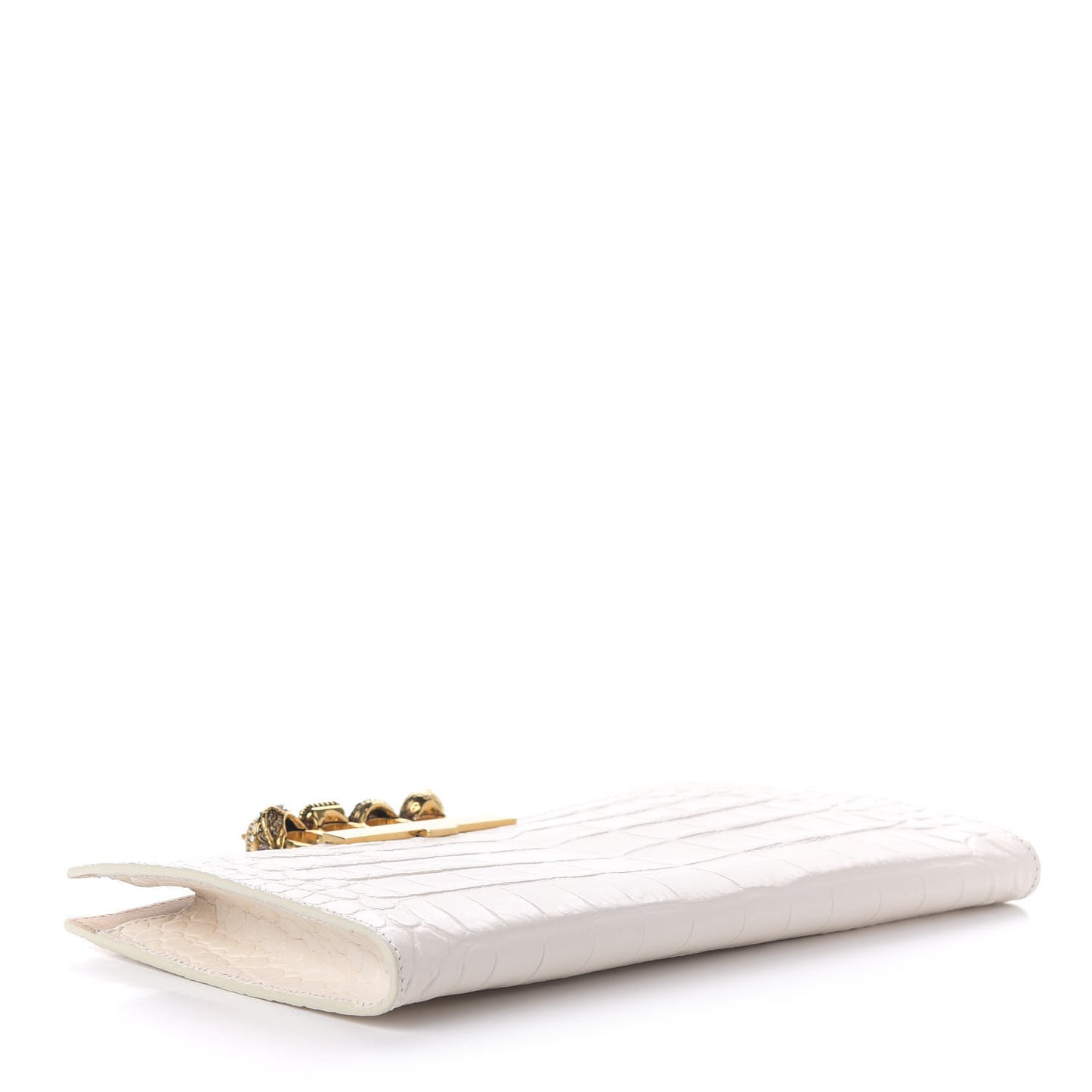 Calfskin Crocodile Embossed Knuckle Flat Clutch Off White Gold