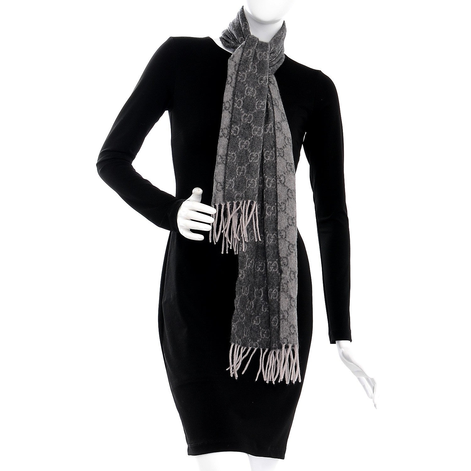 Gucci Cashmere Monogram Fringe Scarf Gray 2 of 3