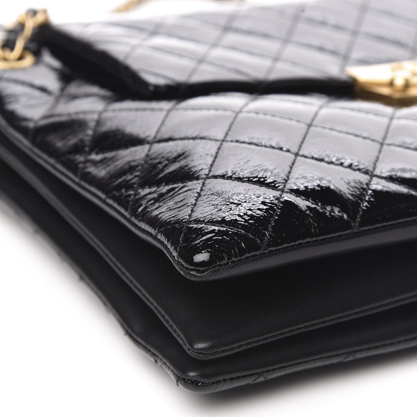 Patent Goatskin Quilted 3 Pocket Accordion Flap Black