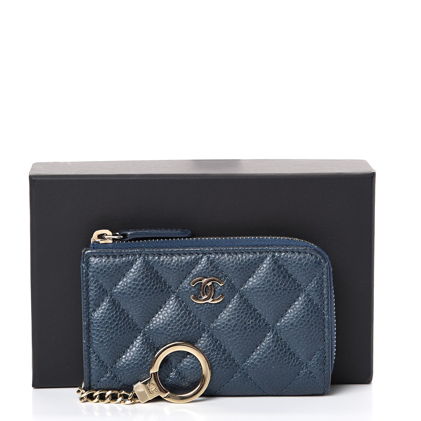 Iridescent Caviar Quilted Zipped Key Holder Case Dark Blue