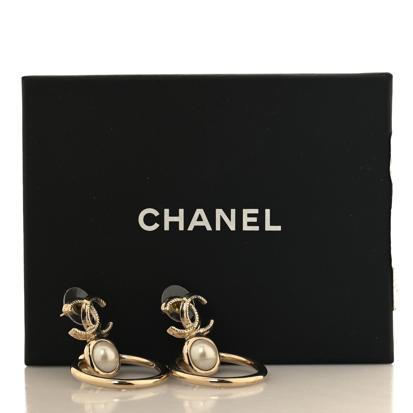Metal Pearl CC Hoop Drop Earrings Gold