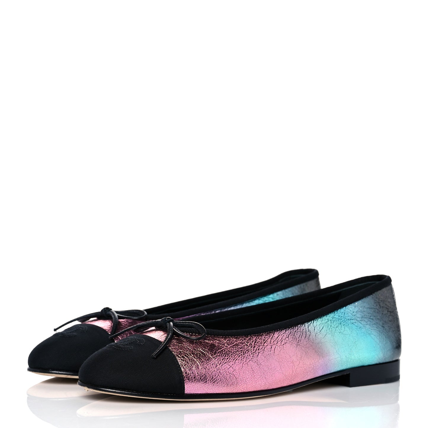 Laminated Calfskin Grosgrain Cap Toe CC Ballerina Flats 39.5 Multicolor Black